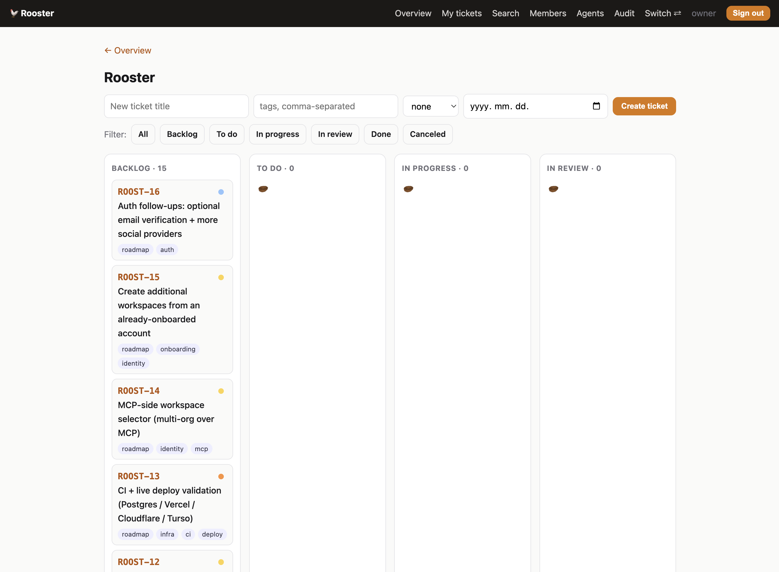 Rooster project board — kanban columns with backlog tickets
