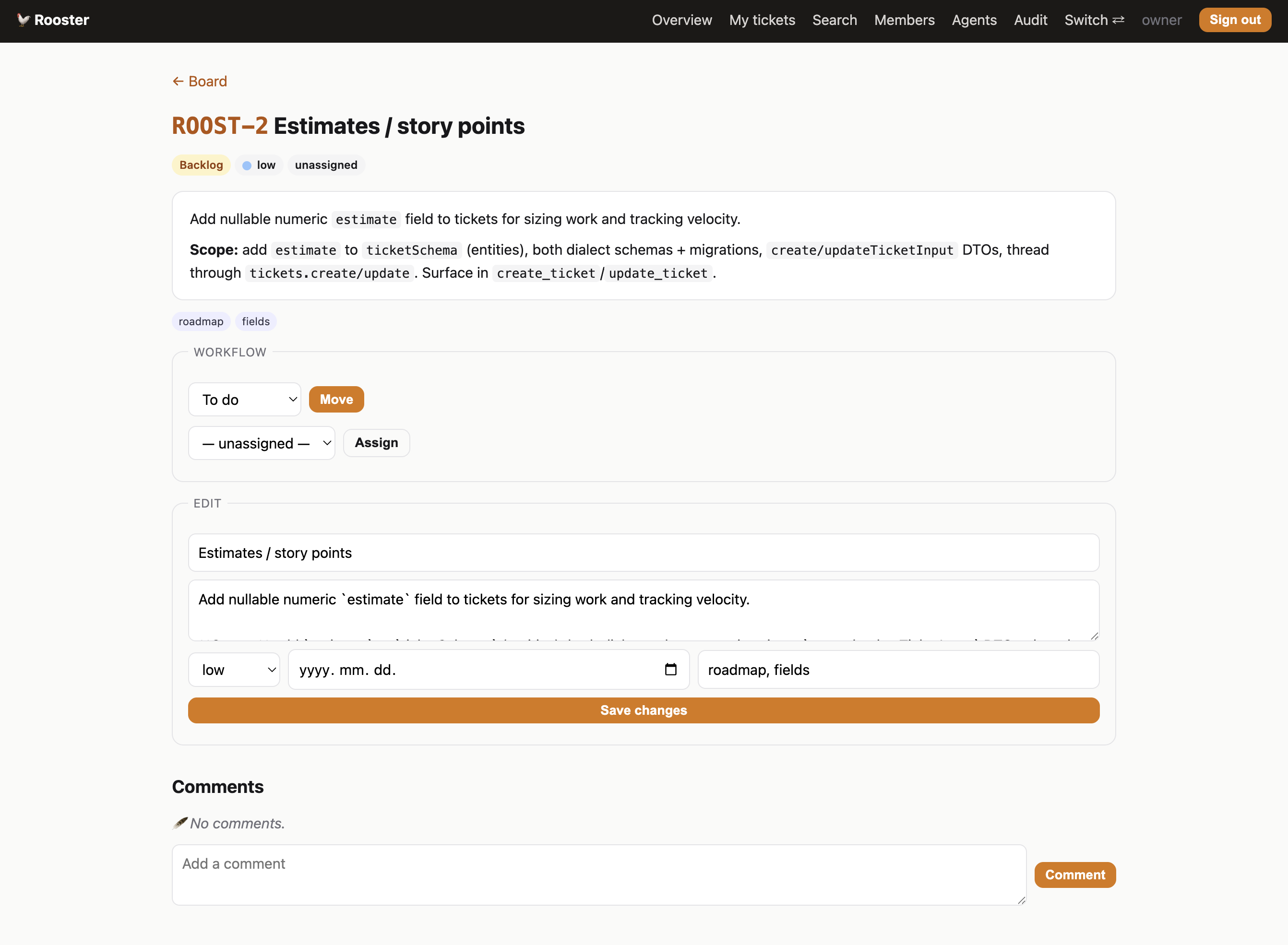 Rooster ticket detail — description, workflow, and comments